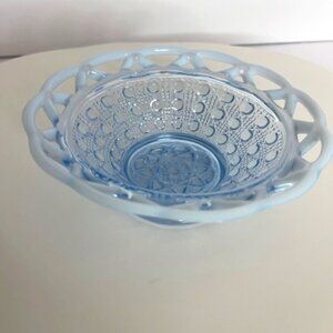 Vintage Imperial Glass Open Lace Edge Button & Sugar Katy Blue Opalescent Dish